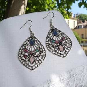 Bohemian Filigree Teardrop Earrings Multicolor Gemstones Beach Core Vacation